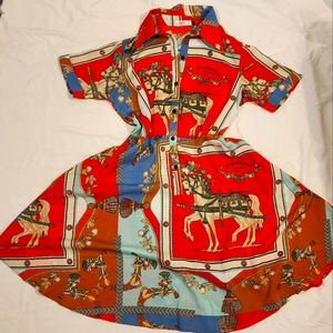 Horse Patterned Collared Fit and Flare Dress